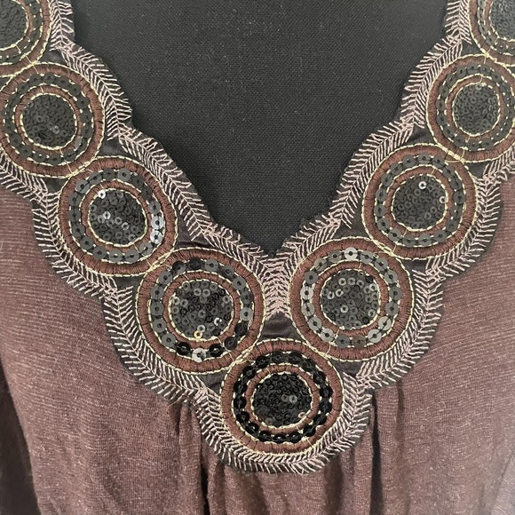 Y2K VANITY Womens Sz L Brown Sequin Embellished Ruffle Sleeve Stretch Top VTG - Picture 2 of 9